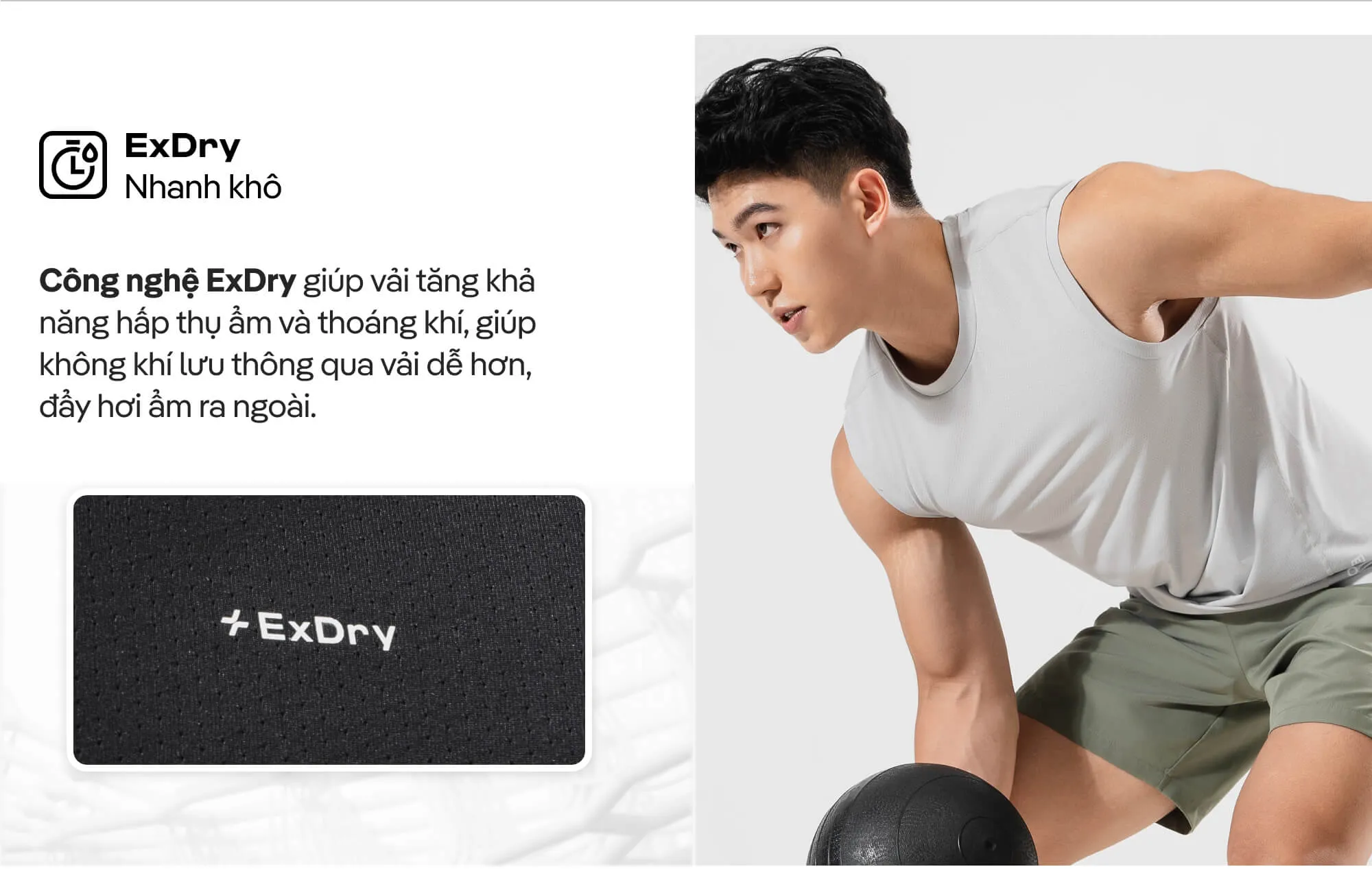 Người mẫu mặc áo tanktop trắng khi tập luyện với bóng tạ, minh họa hiệu quả của công nghệ ExDry trong việc hút ẩm và khô nhanh khi vận động mạnh.