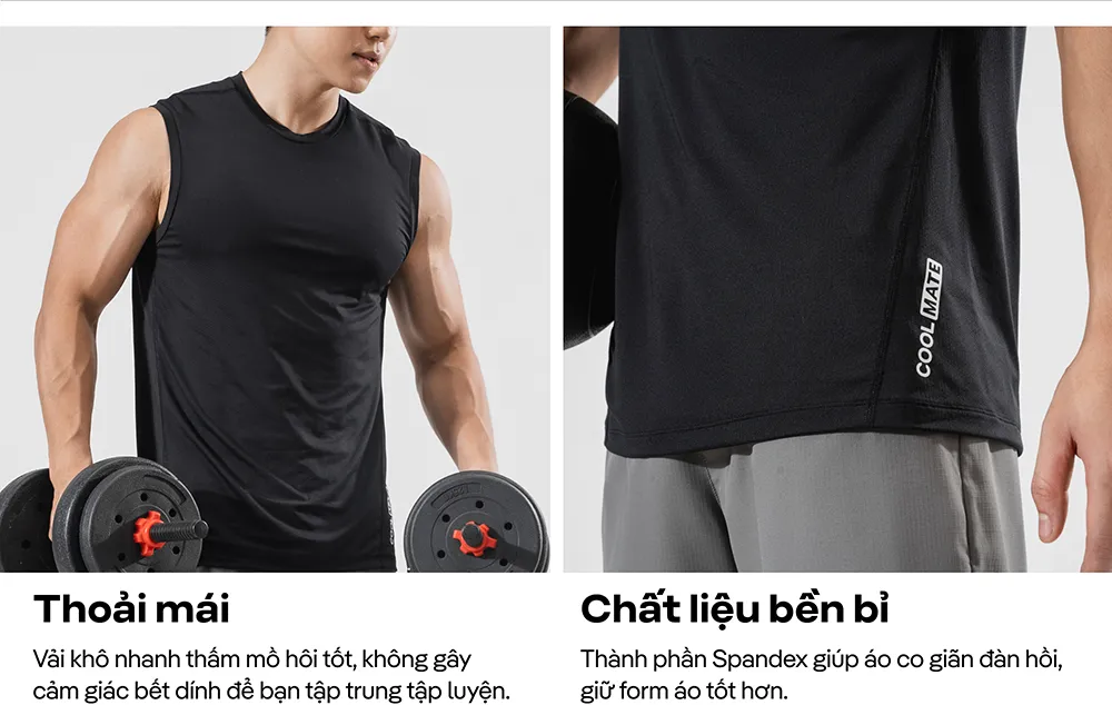 Áo tanktop đen nam mặc khi tập tạ, thấm hút tốt, không bết dính