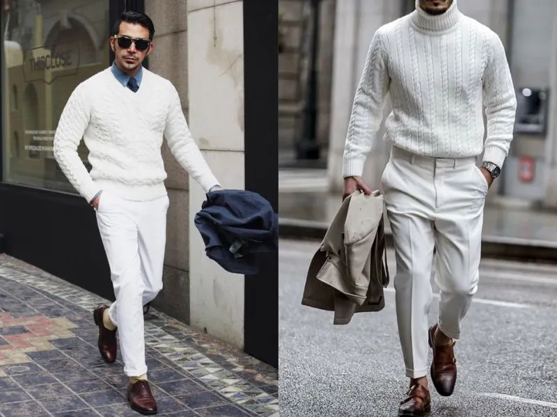 Bản phối áo knitwear và quần trắng đa dạng phong cách