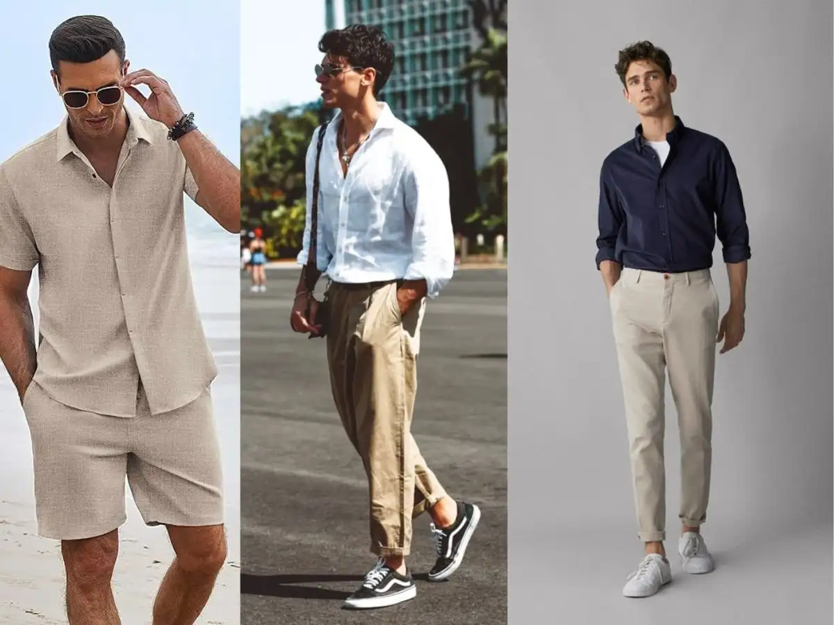 Ba set trang phục phối với áo sơ mi linen nam đi biển, dạo phố, công sở