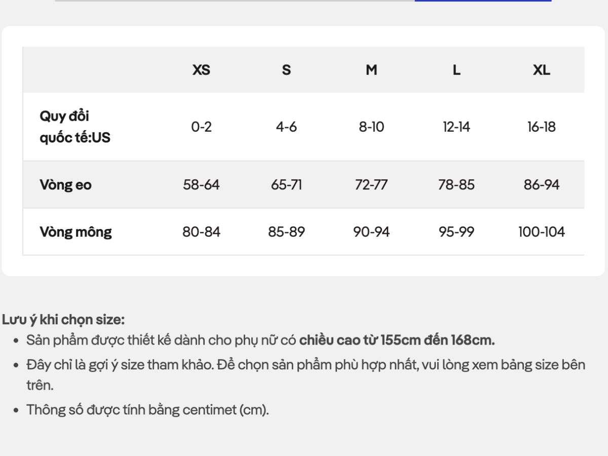 Bảng size quần legging nữ Coomate (tham khảo)