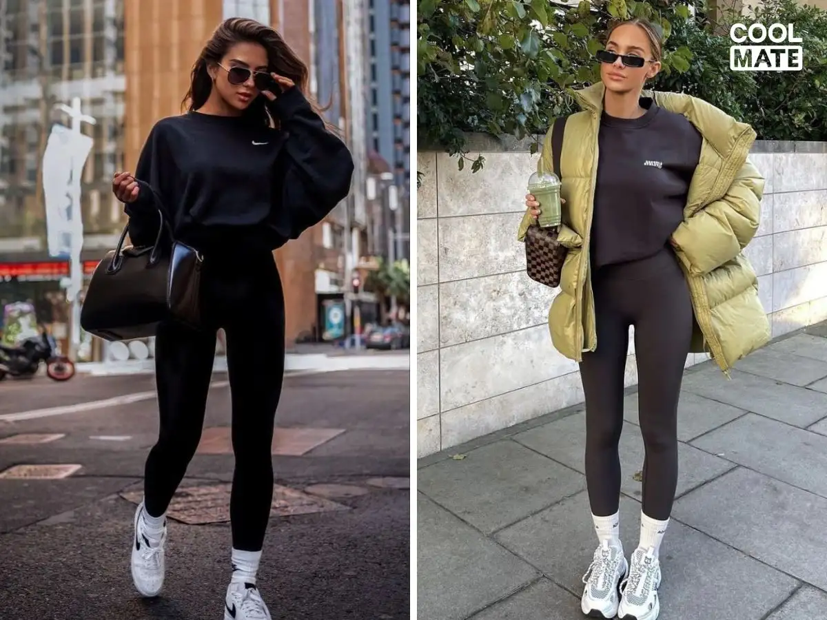 Khi dạo phố, phối legging an toàn và thời trang với áo rộng hoặc chọn áo dài qua mông để thêm tự tin