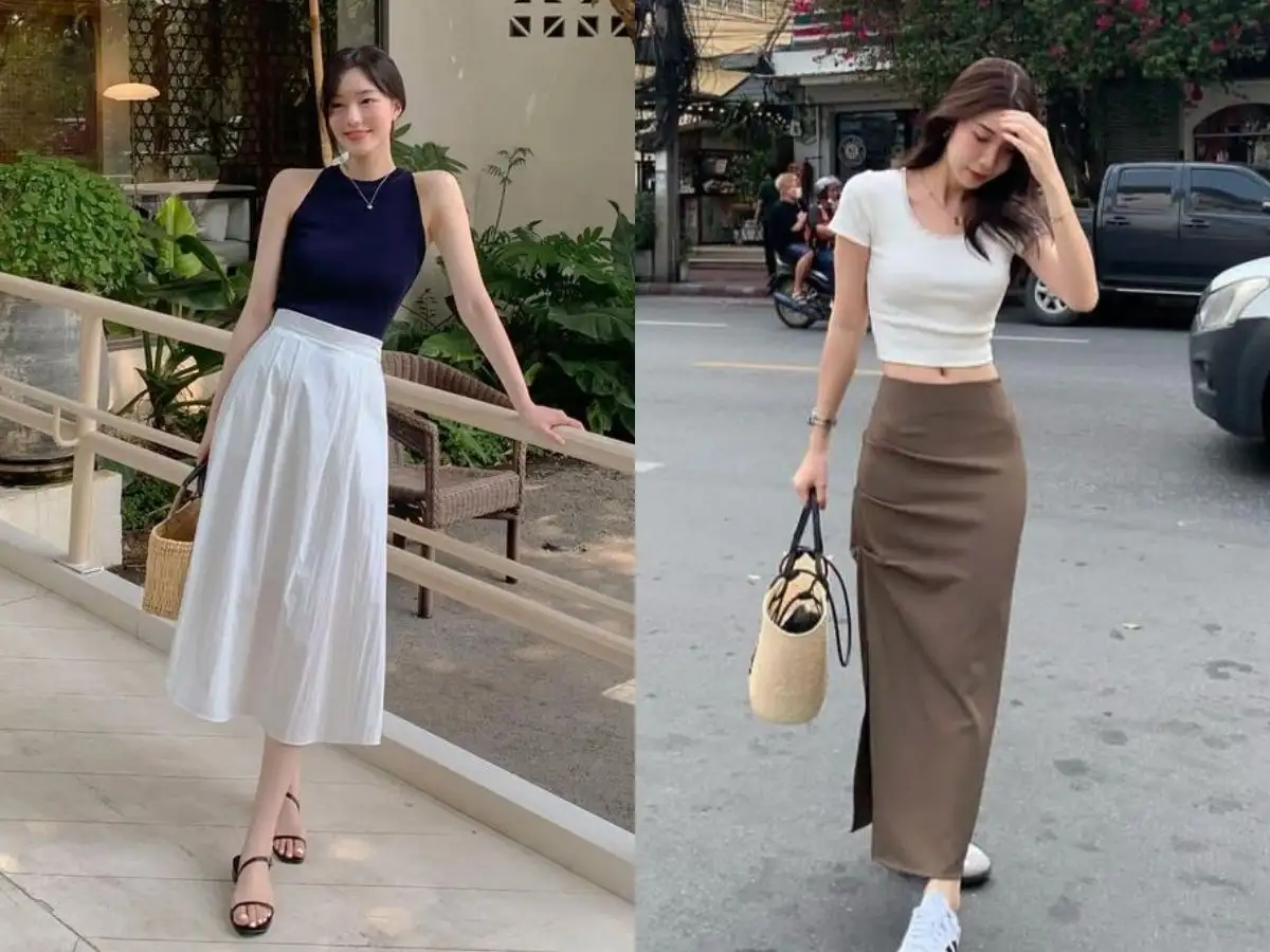 Kết hợp với chân váy dài nữ tính thanh lịch