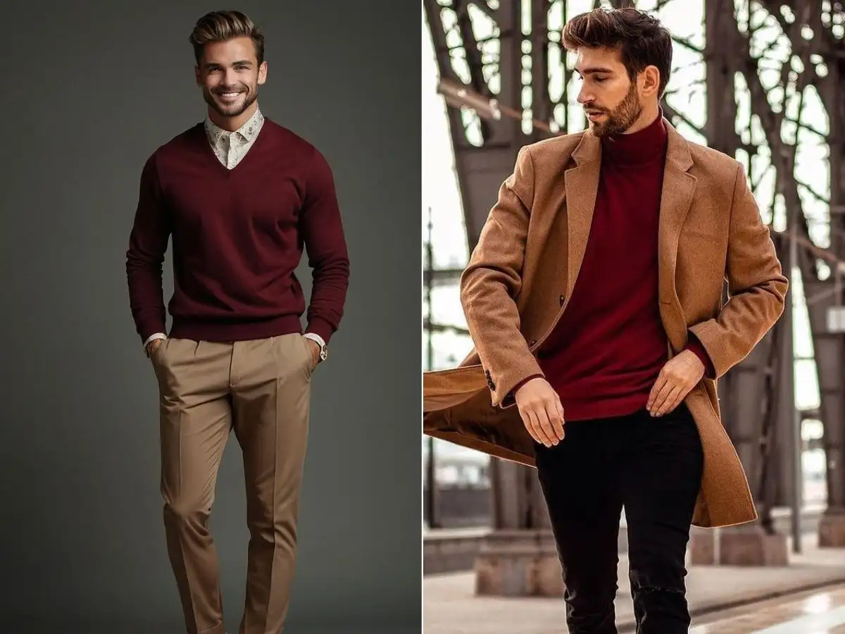 Đỏ đô phối với nâu là công thức phối đồ ấm áp, vintage cho nam
