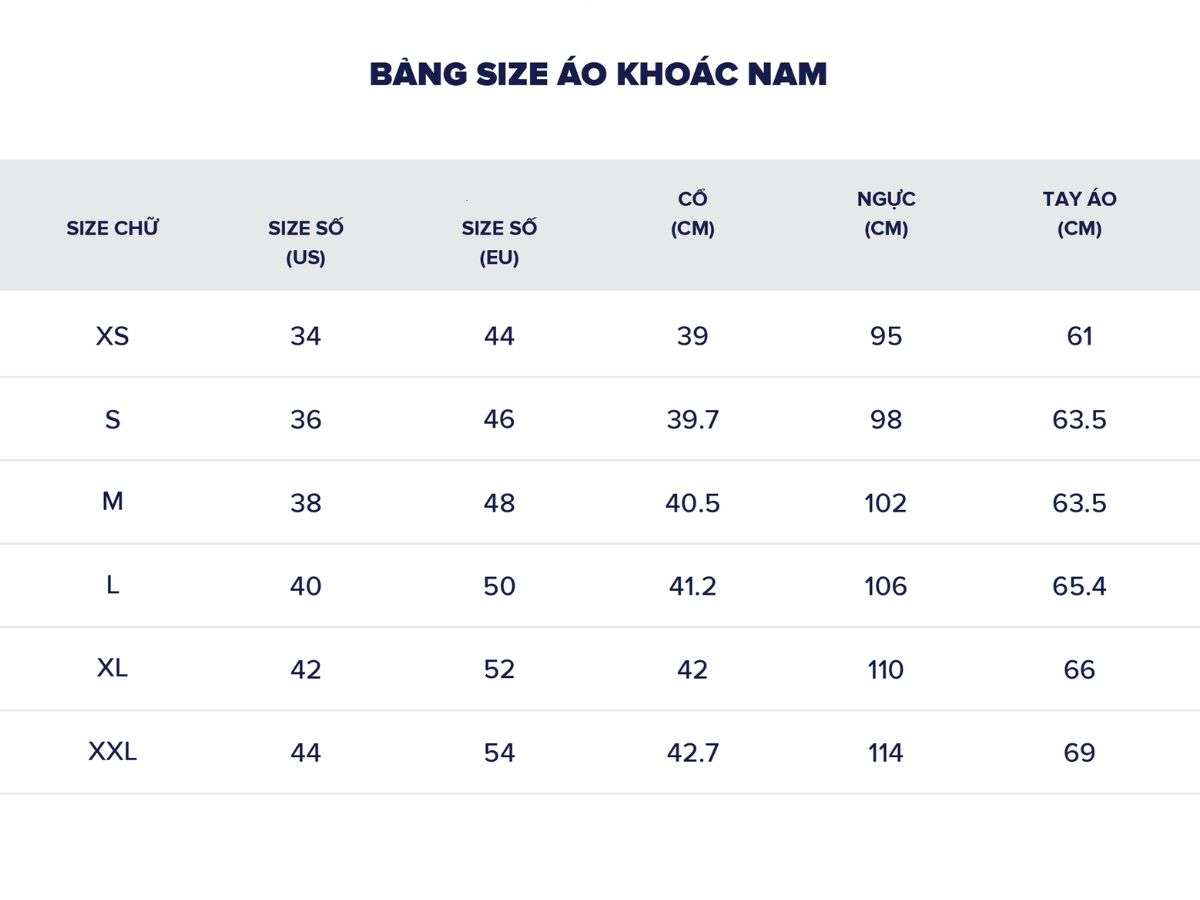 Bảng size tham khảo áo khoác cardigan nam