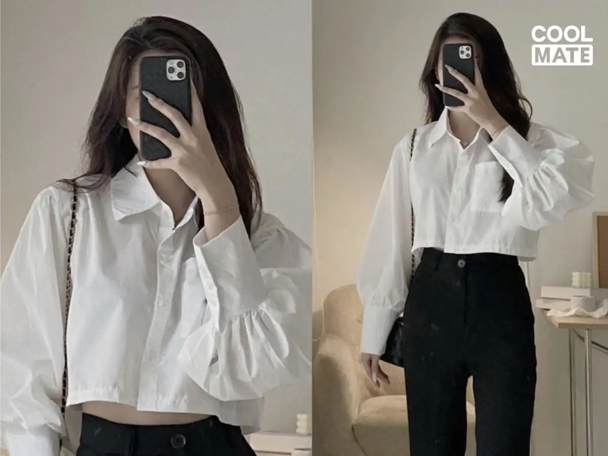 Mặc áo croptop sơ mi trắng buộc vạt, phối cùng quần jeans ống rộng