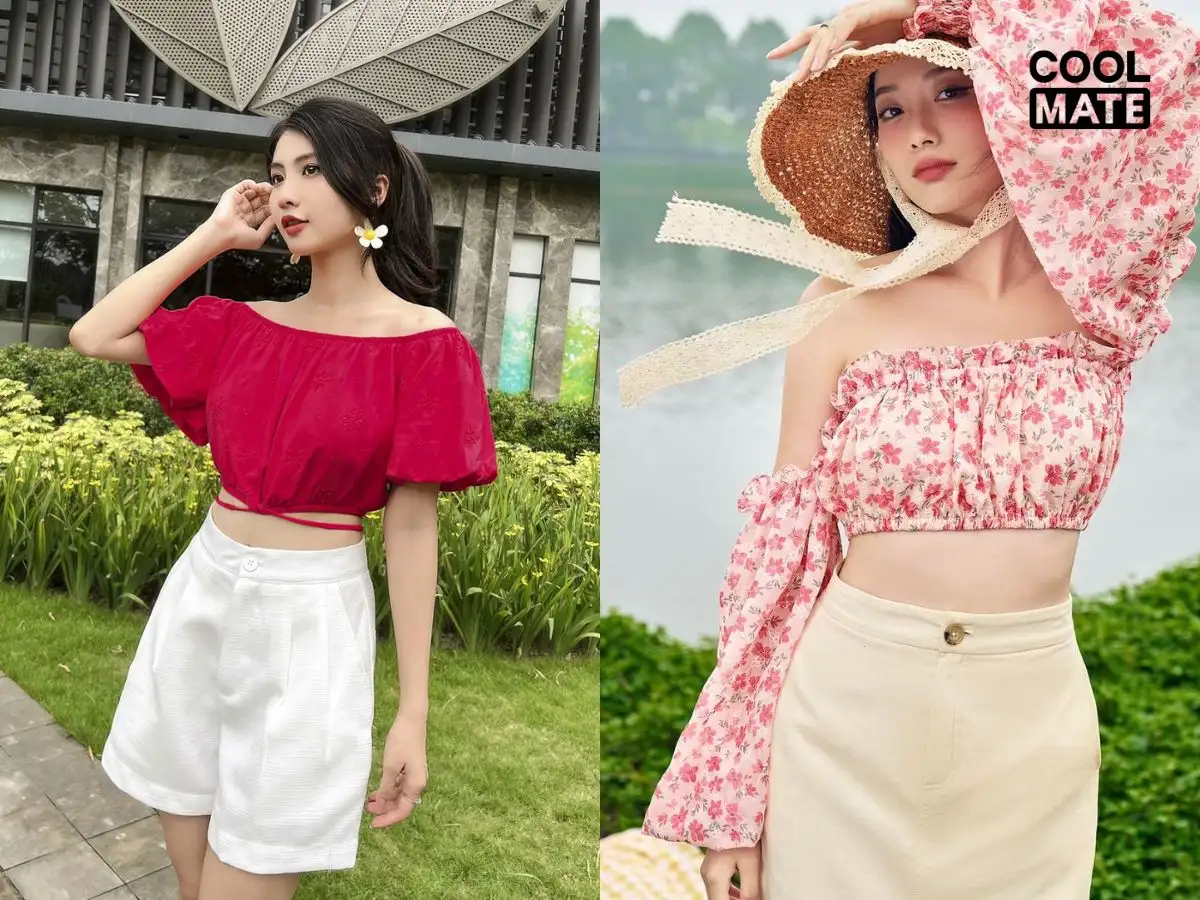 Mặc áo croptop trễ vai họa tiết hoa, phối cùng quần short
