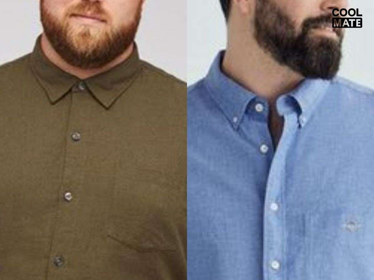 Áo sơ mi kiểu cổ đức bản vừa và button-down gọn gàng, phù hợp với người có vóc dáng mập lùn