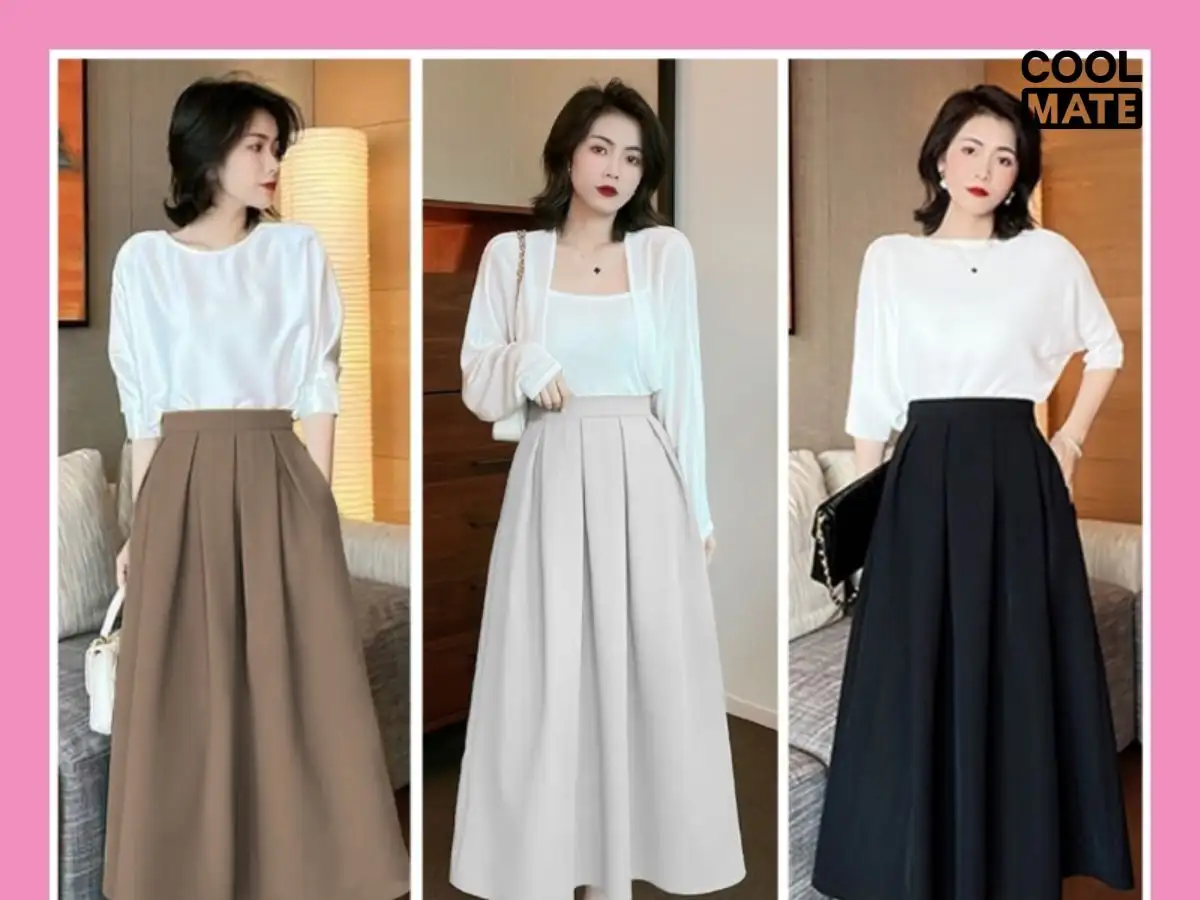 Áo thun trắng phối chân váy công sở bút chì, chữ A, midi; sơ vin tôn dáng