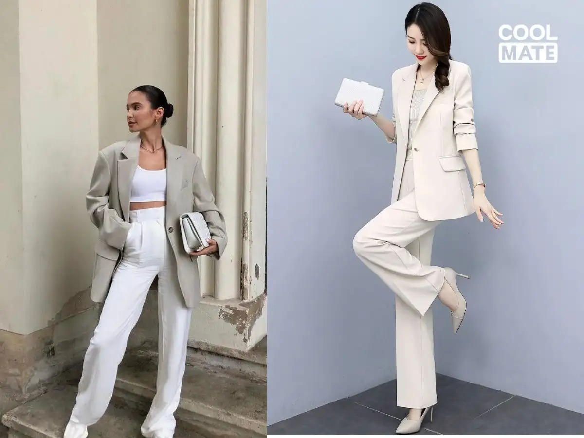 Áo thun trắng phối quần tây ống rộng và blazer chất liệu cao cấp, phong cách thanh lịch, quyền lực