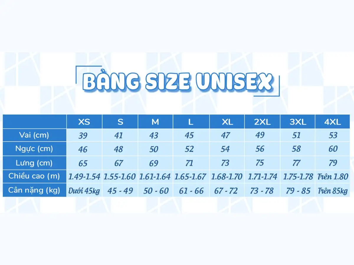 Bảng size áo unisex tham khảo