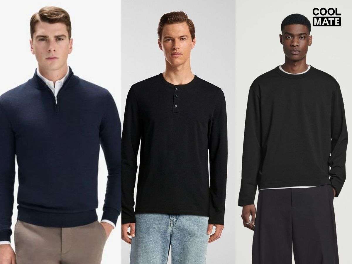 3 kiểu dáng áo thun dài tay nam gồm slim fit, regular fit, oversize