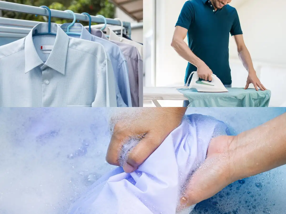 Ba bước bảo quản: giặt nhẹ – phơi tránh nắng – ủi khi còn ẩm, giúp kéo dài tuổi thọ cho áo sơ mi linen