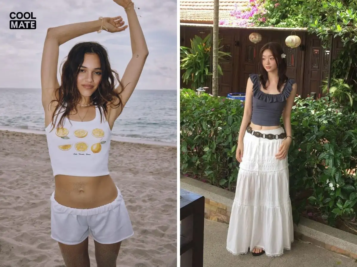 Đi biển, hãy phối áo singlet thoải mái, thấm hút tốt với quần short mỏng nhẹ, váy maxi hoặc mặc ngoài bikini