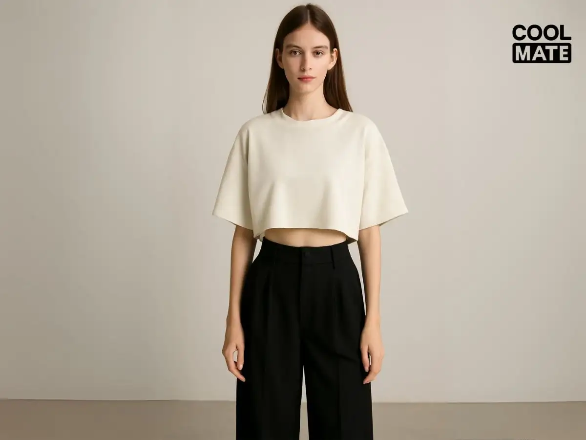 Gợi ý áo croptop cho dáng cao gầy: dáng rộng, tay phồng, họa tiết to, phối layering và quần ống rộng.