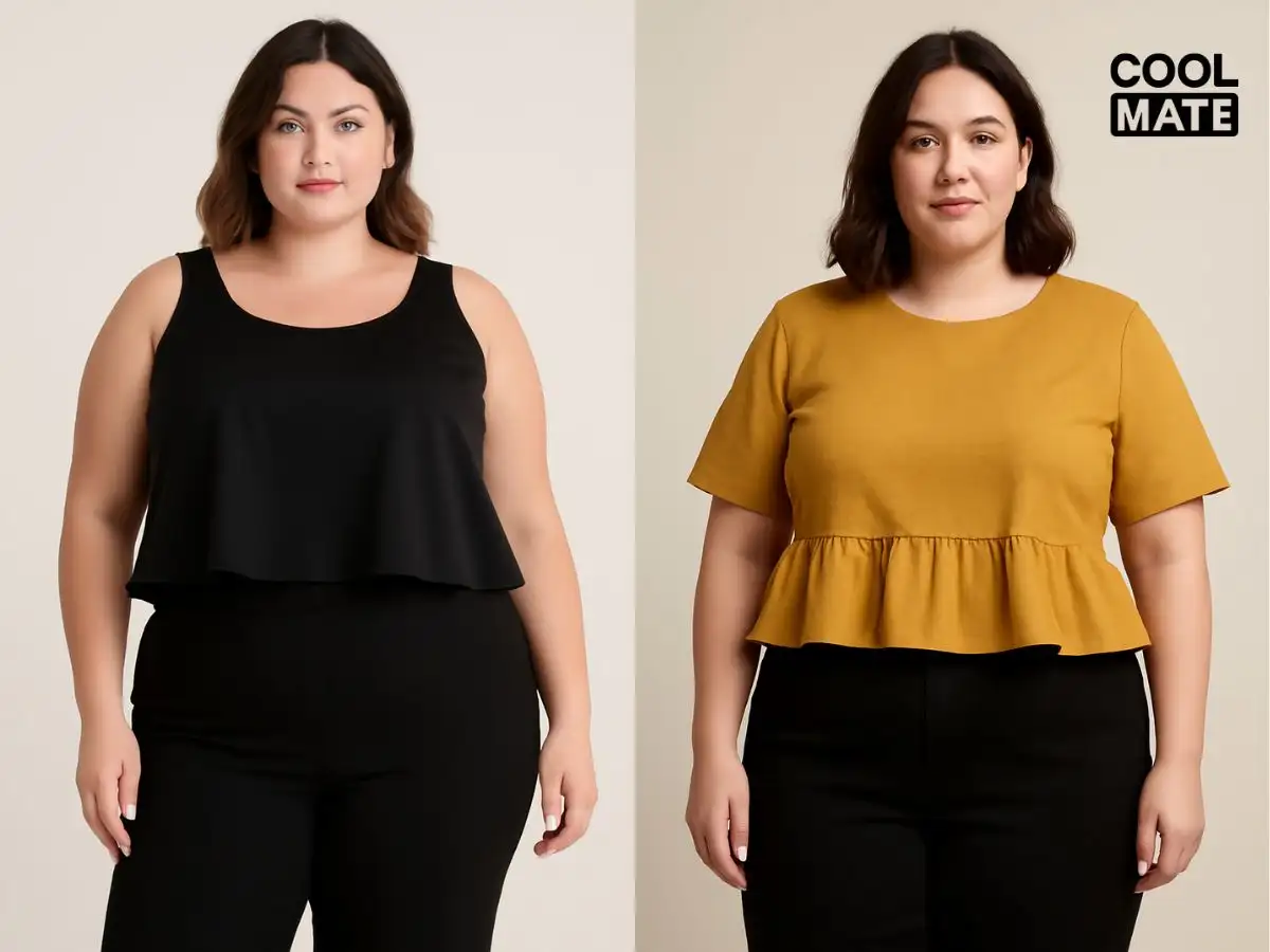 Gợi ý áo croptop cho dáng quả táo: dáng suông, cổ V, dài qua eo, phối quần cạp cao."