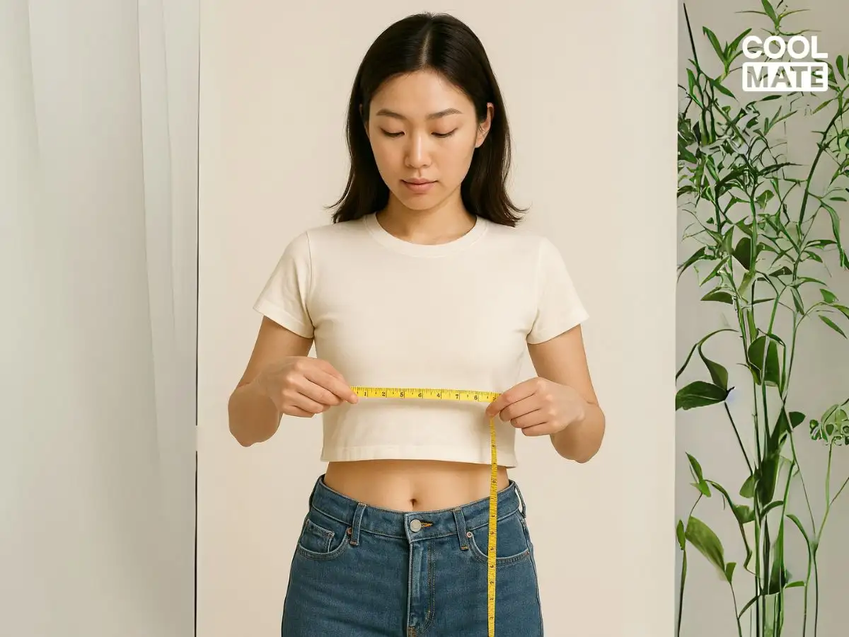 Dùng thước dây tự ướm chiều dài áo croptop mong muốn trên cơ thể mình