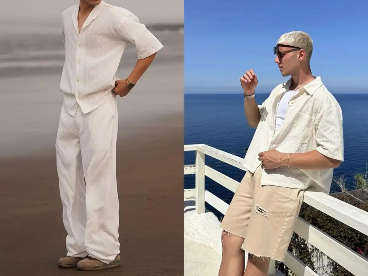 Các set đồ đi biển thường làm từ vải linen, đũi hoặc cotton mỏng với họa tiết mùa hè
