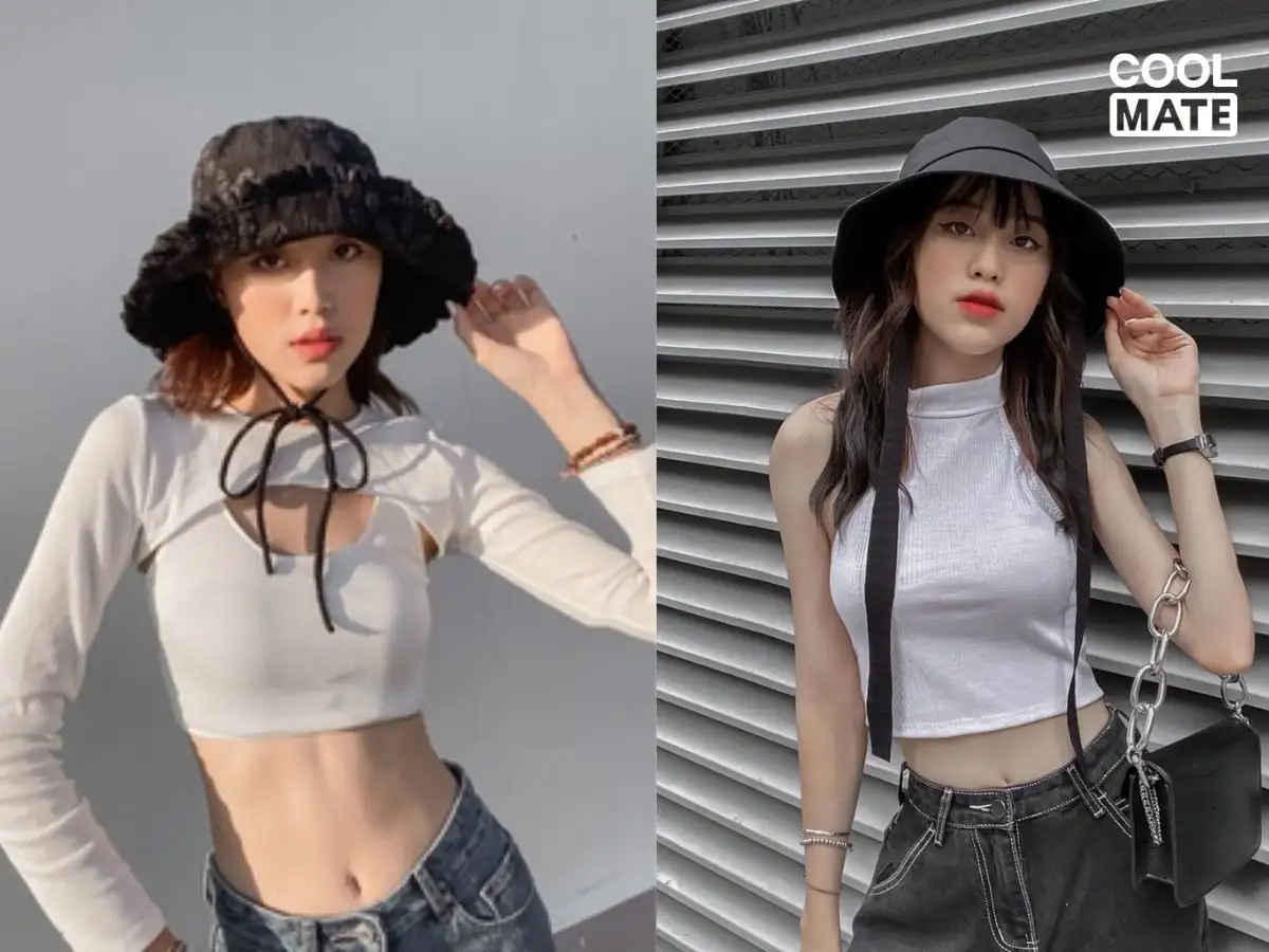 Các phụ kiện như vòng cổ layer, mũ bucket, thắt lưng kết hợp với outfit croptop