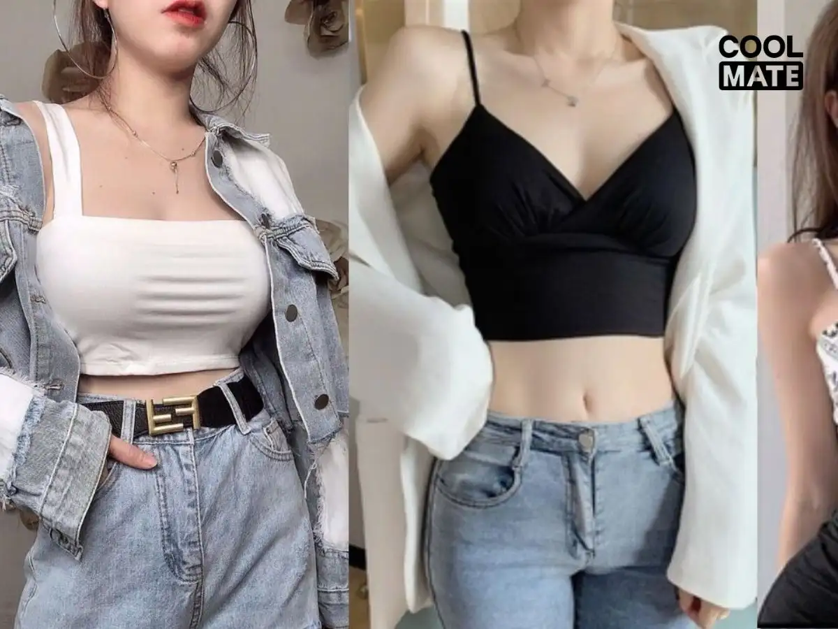  mặc áo croptop ôm body màu đen, phối cùng quần jeans cạp cao