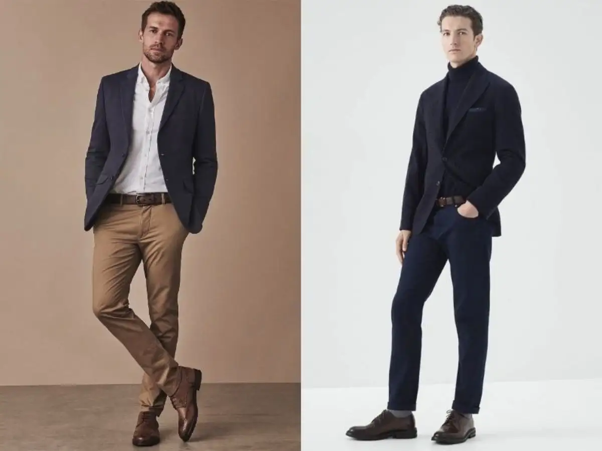 Wingtip nâu phối cùng quần chinos sáng màu tạo nên tổng thể thanh lịch và năng động