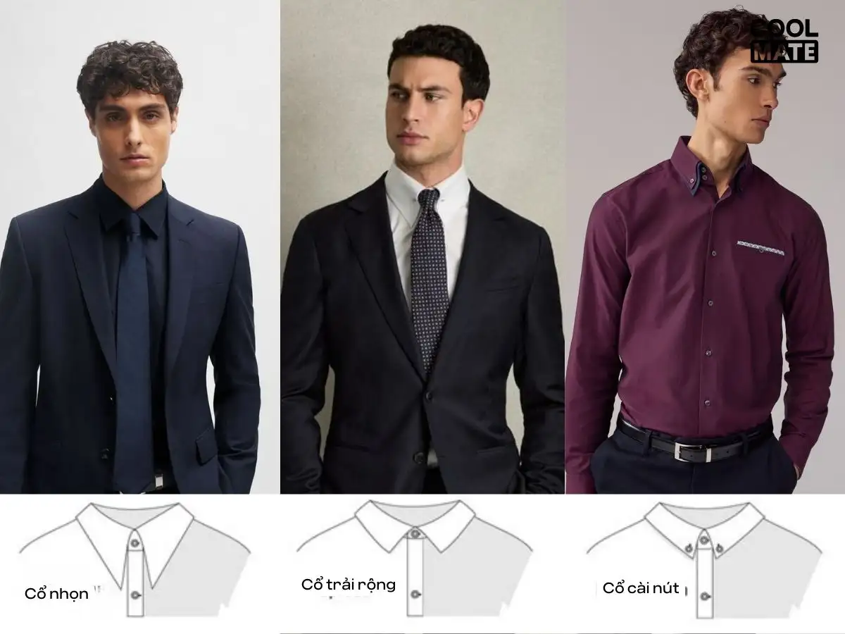Các kiểu cổ áo sơ mi phổ biến khi mặc vest: Cổ nhọn, Cổ trải rộng và Cổ cài nút