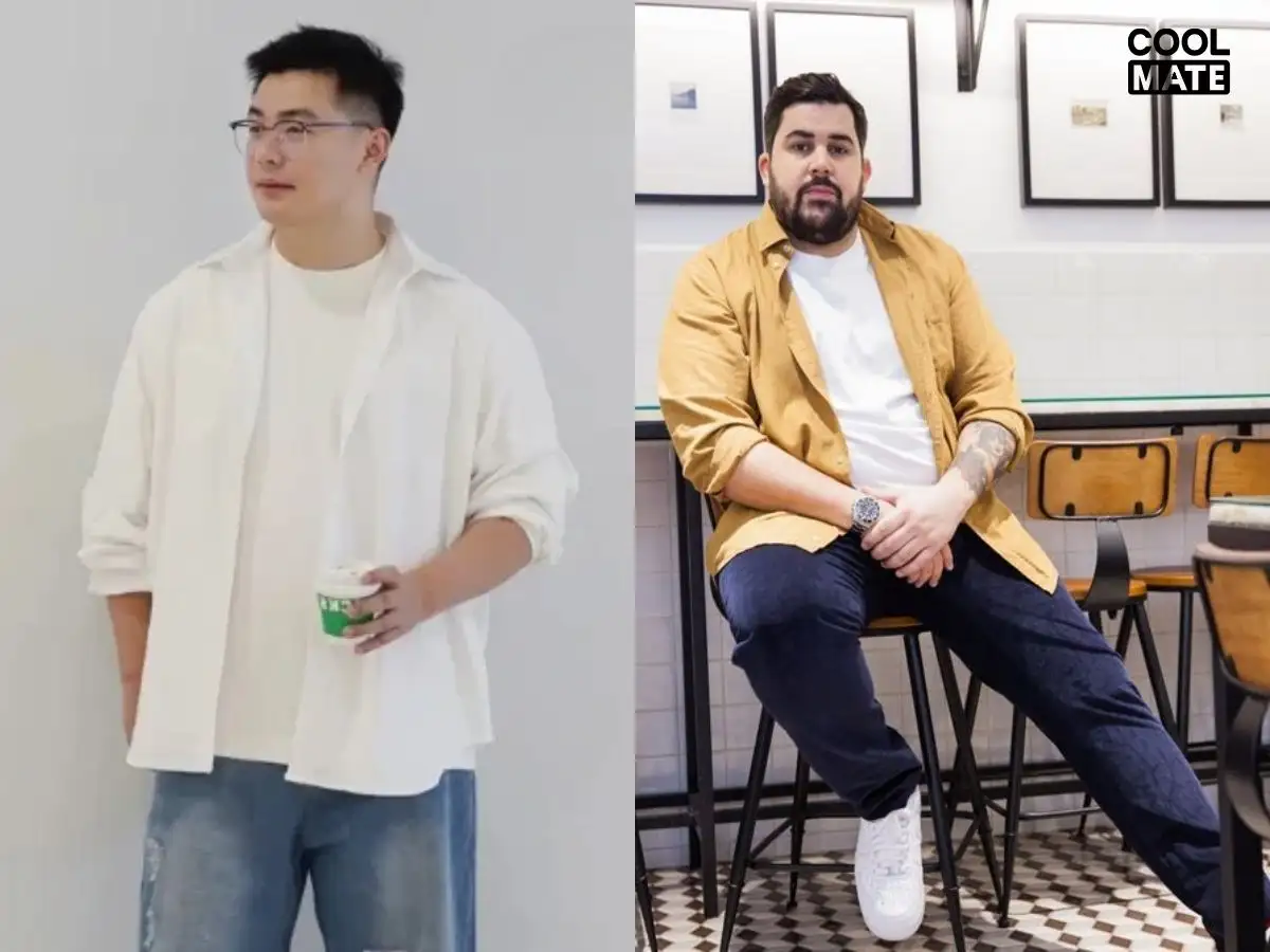 Phối layer áo sơ mi mở cúc bên ngoài áo thun giúp người mập lùn tạo hiệu ứng thon gọn