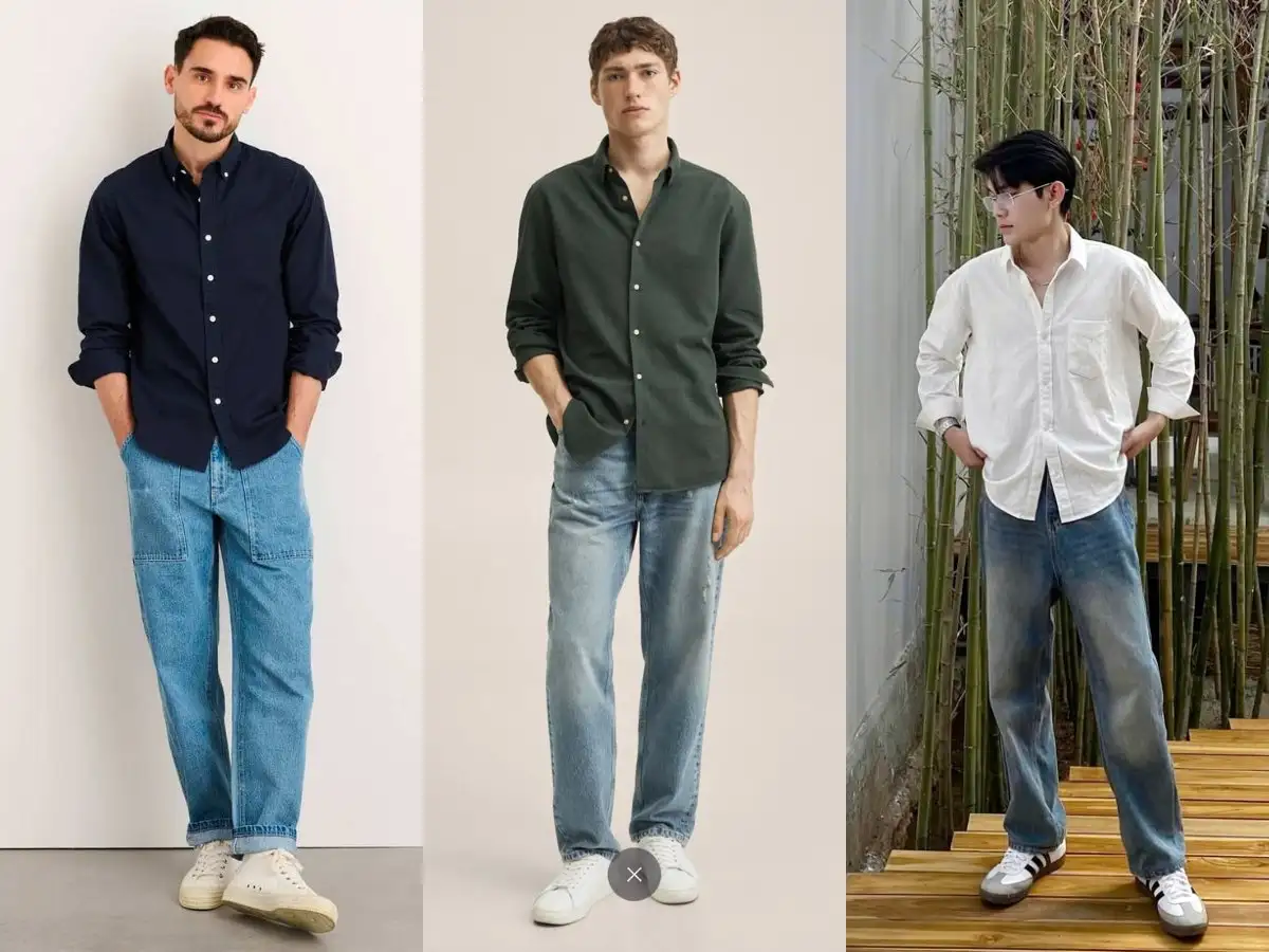 Áo sơ mi trung tính phối quần jeans straight-fit, set đồ quốc dân cho nam
