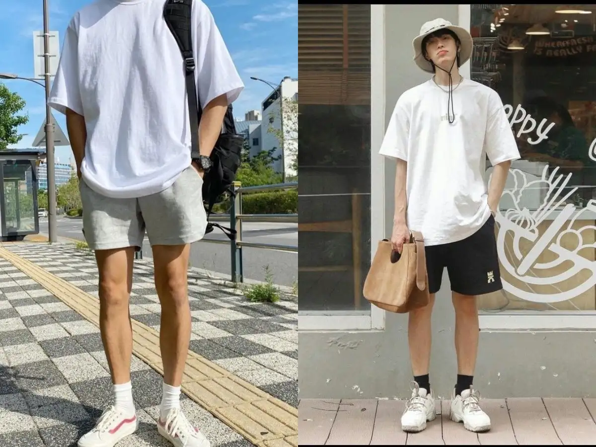 Set đồ thể thao với áo thun trắng, short và giày chạy bộ