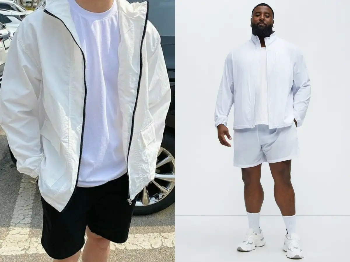 Áo thun trắng phối track pants và áo gió – khỏe khoắn, gọn gàng
