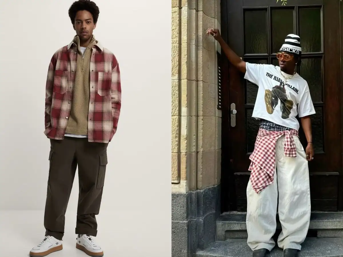 Flannel buộc ngang hông, phối cùng áo thun và jogger kaki cá tính