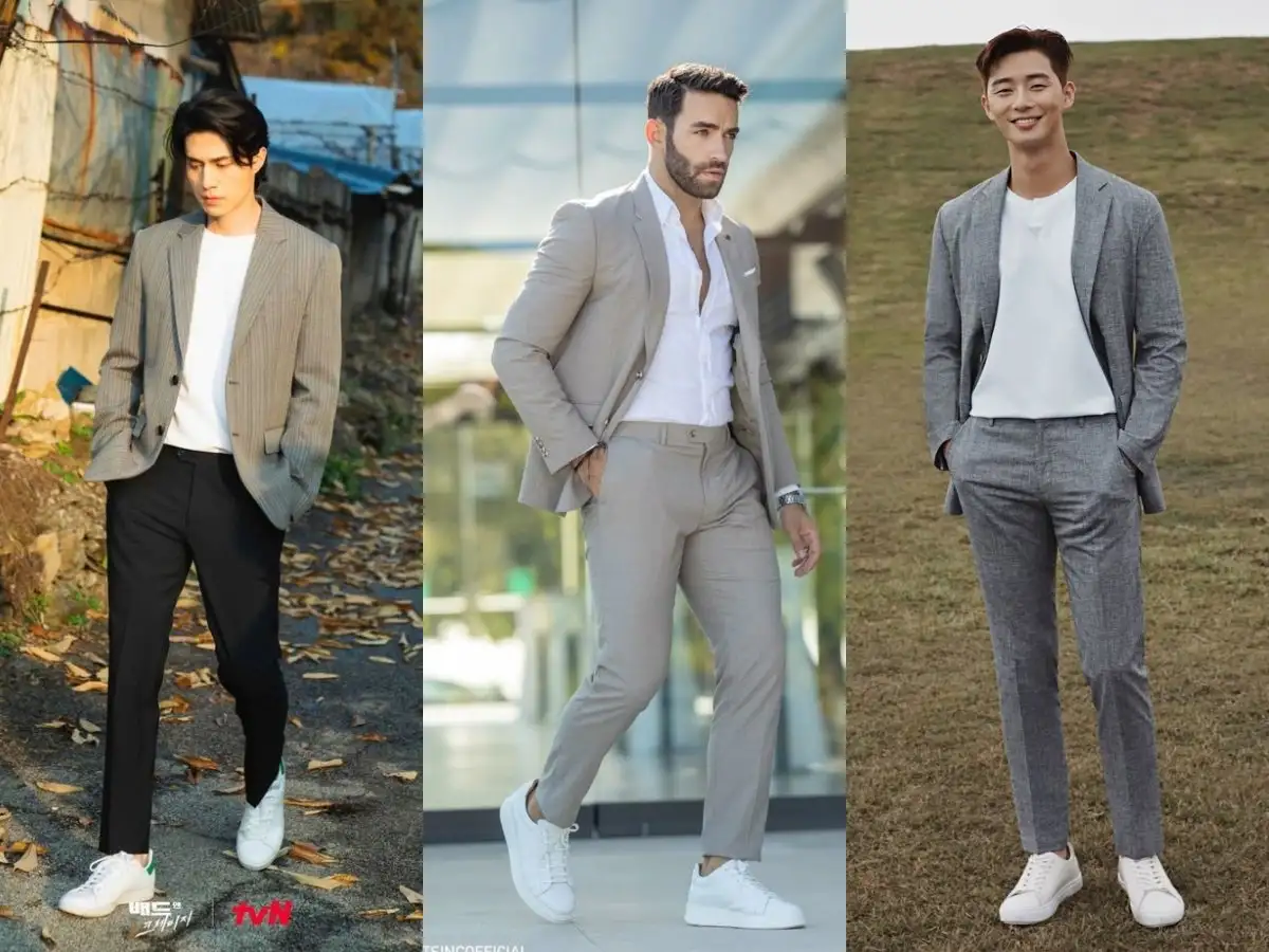 Sơ mi trắng mix suit xám và sneakers trắng, phong cách lịch lãm hiện đại