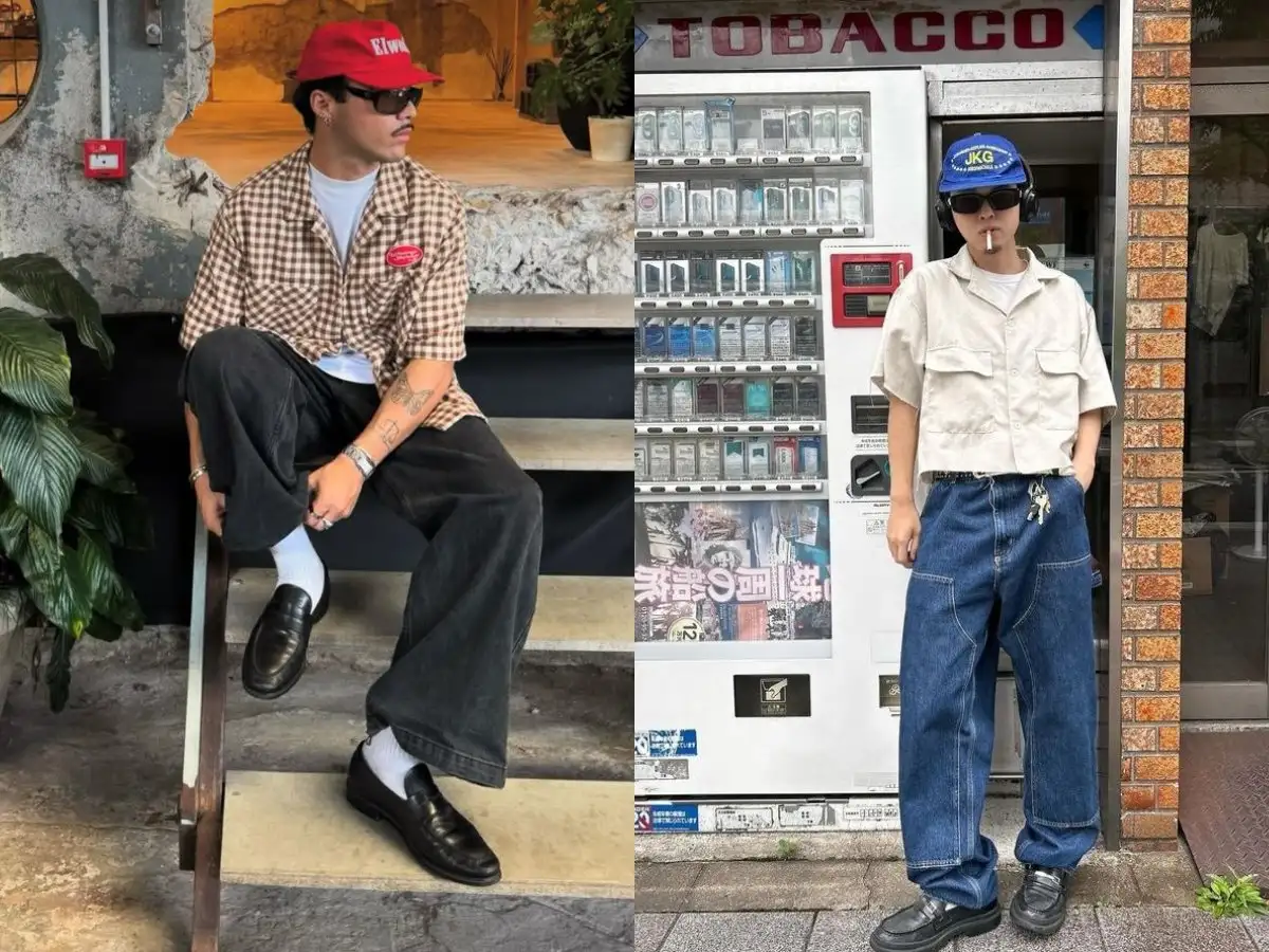Sơ mi vintage họa tiết phối baggy jeans, style retro cá tính