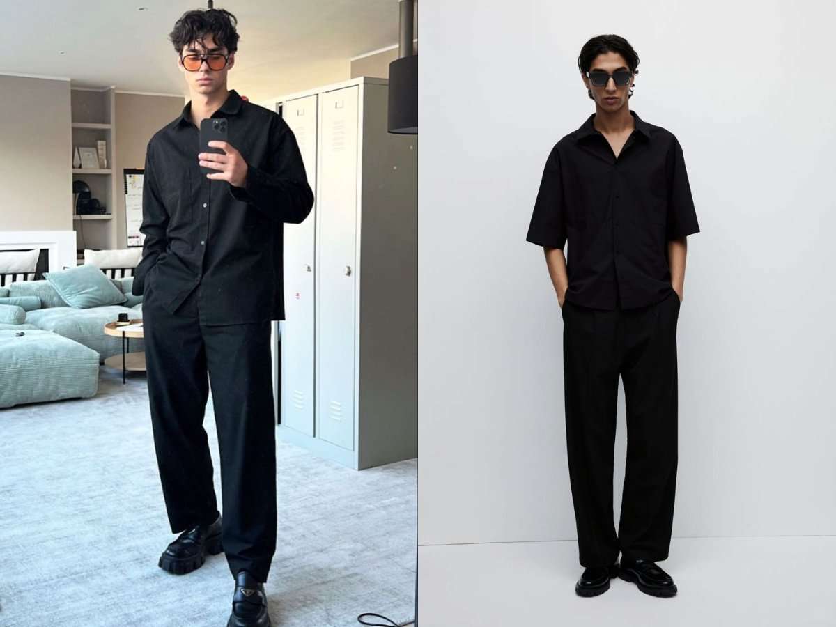 Outfit all-black: sơ mi đen, quần đen và giày cùng tone – tối giản mạnh mẽ