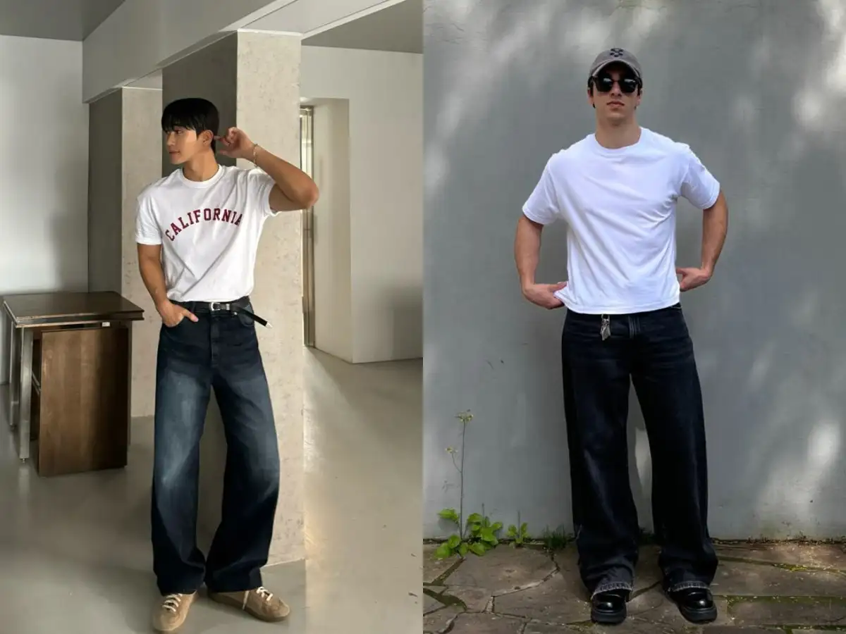 Áo thun trắng phối cùng jeans xanh đậm, đơn giản mà thu hút