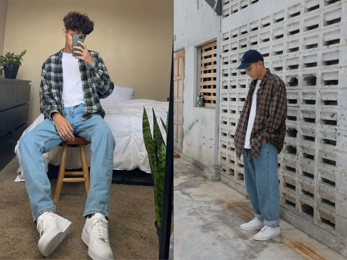 Áo flannel khoác ngoài áo thun, mix quần jeans rách đậm chất street style