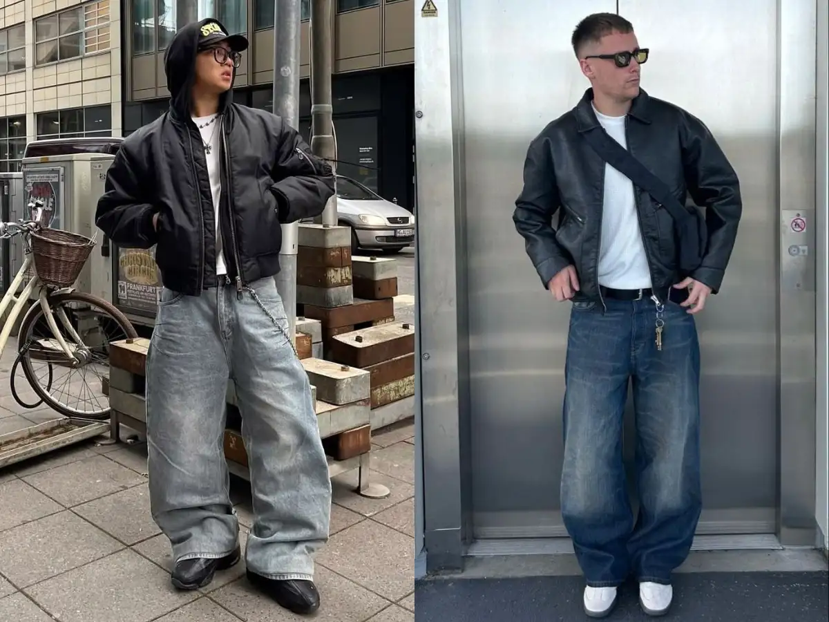 Phối đồ áo thun trắng với jeans washed và áo khoác bomber bụi bặm