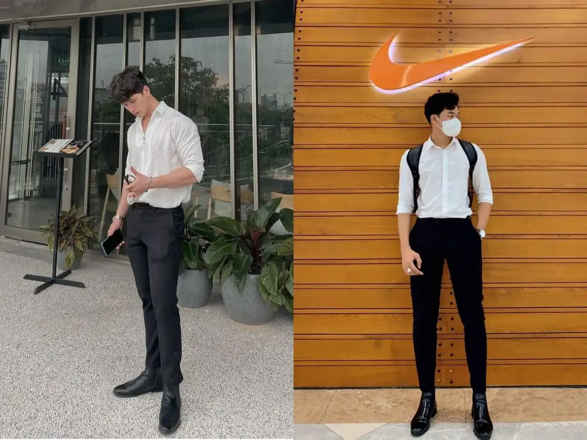 Sơ mi trắng phối quần tây đen/navy – combo công sở lịch lãm