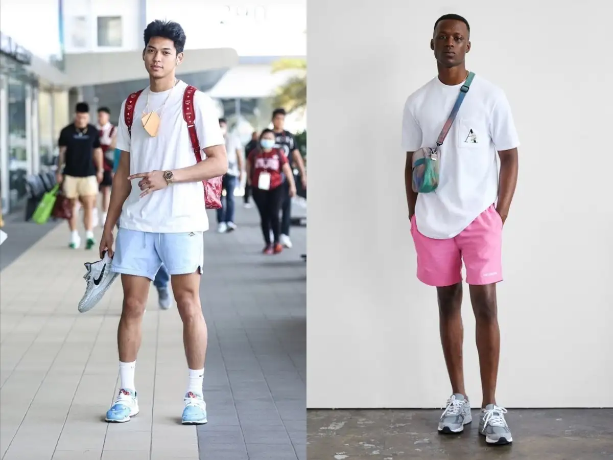 Phối áo thun trắng nam cùng quần short màu nổi, phá cách