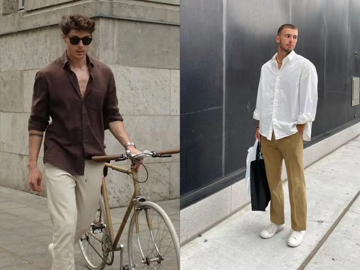 Sơ mi trơn phối quần kaki be, outfit trẻ trung và linh hoạt