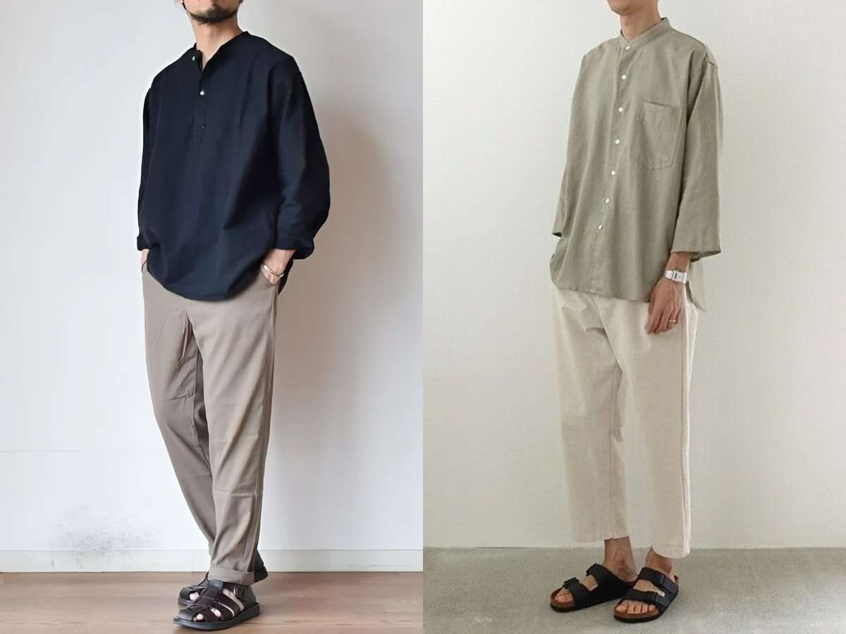 Áo sơ mi cổ tàu mix quần kaki và sandals, tối giản phong cách Nhật