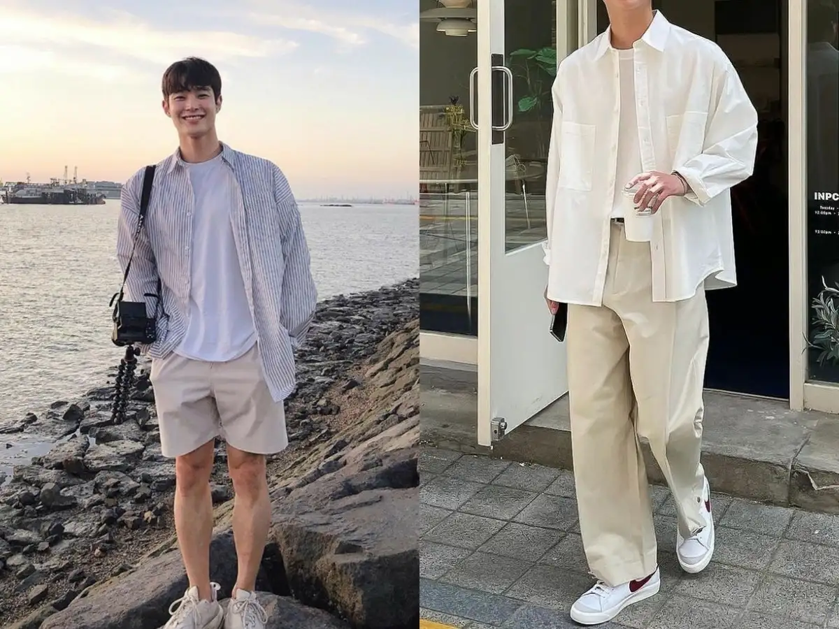 Áo trắng phối quần kaki và sơ mi khoác ngoài, nhẹ nhàng mà vẫn bảnh