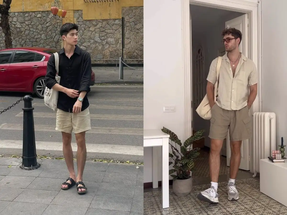 Áo sơ mi vải nhẹ phối quần short kaki hoặc jeans, thoáng mát mà vẫn bảnh
