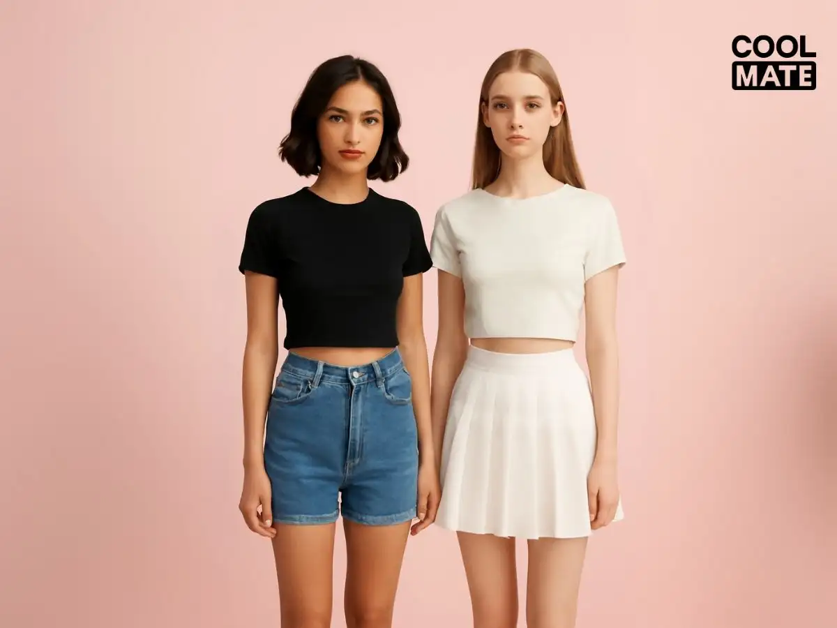 Outfit croptop với quần short jeans năng động và croptop với chân váy tennis trẻ trung