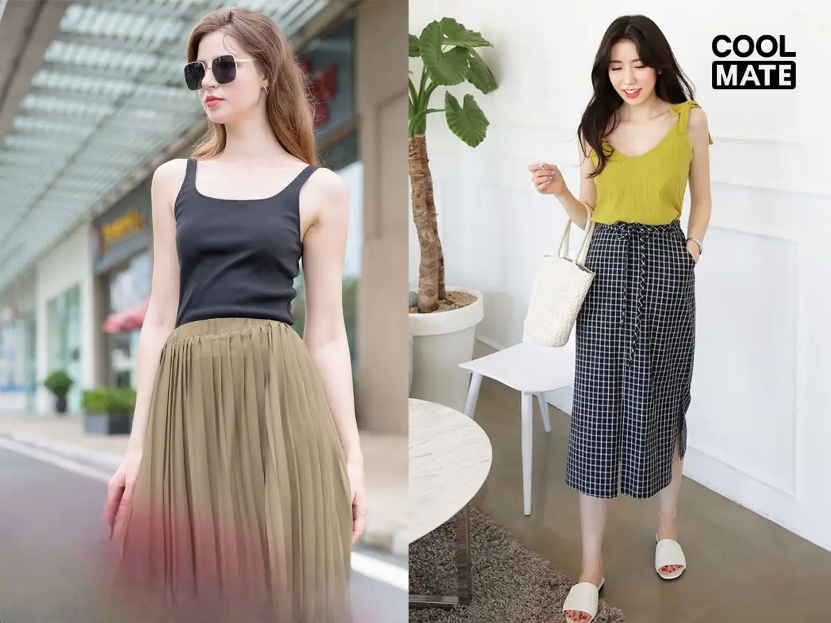 Phối áo singlet hai dây với chân váy midi hoặc xòe, thêm cardigan mỏng tạo phong cách nữ tính, nhẹ nhàng