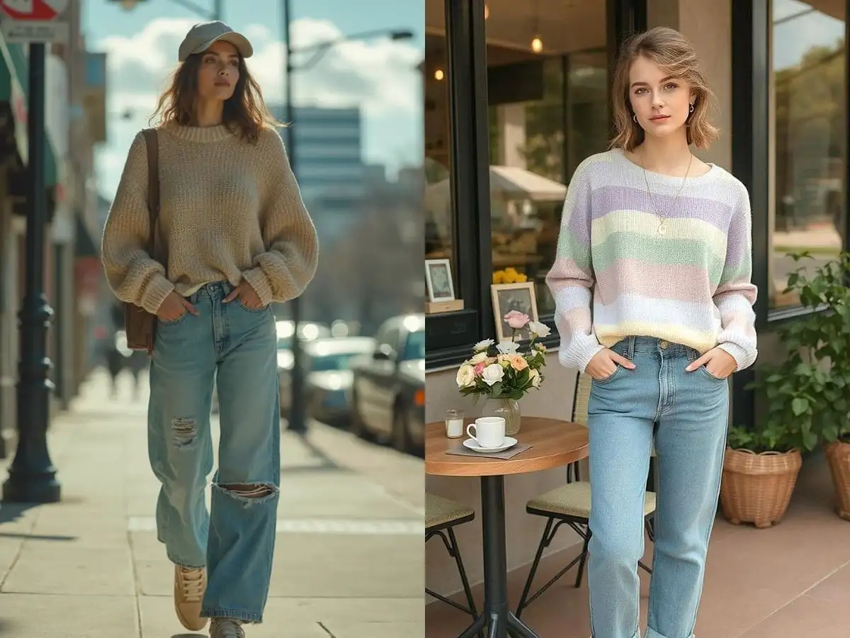 phối áo len cùng quần jean ống rộng tạo ra một outfit ấm áp hơn