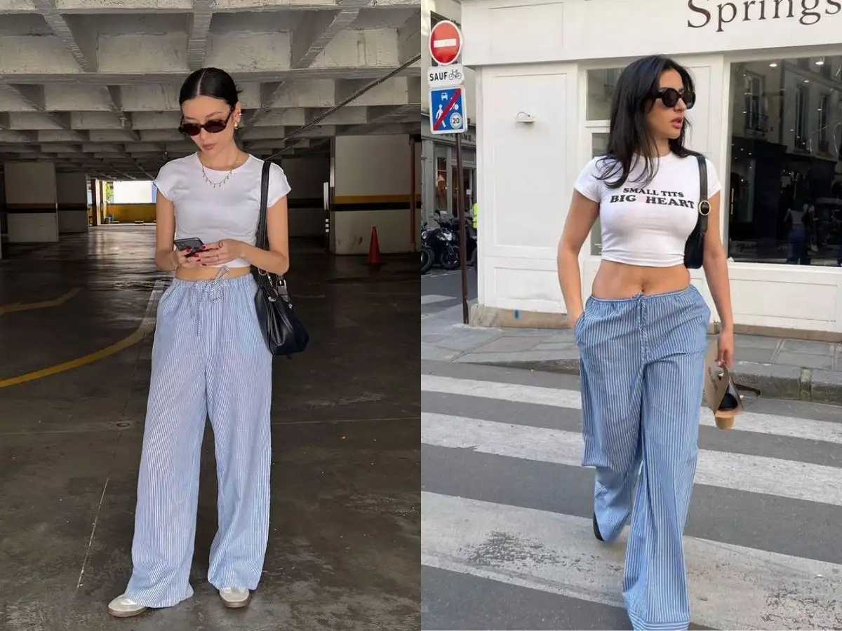 Phối áo croptop thun và quần kẻ sọc ống rộng