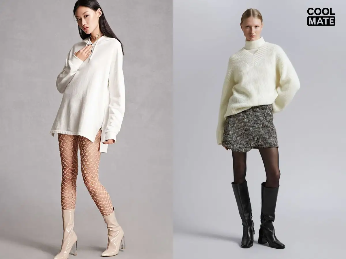 Outfit phối màu hài hòa với tất lưới
