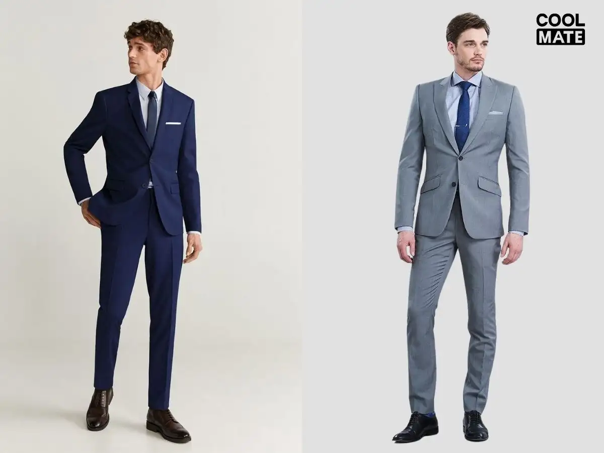 Phối màu áo sơ mi trắng với suit xanh navy và áo sơ mi xanh nhạt với suit xám