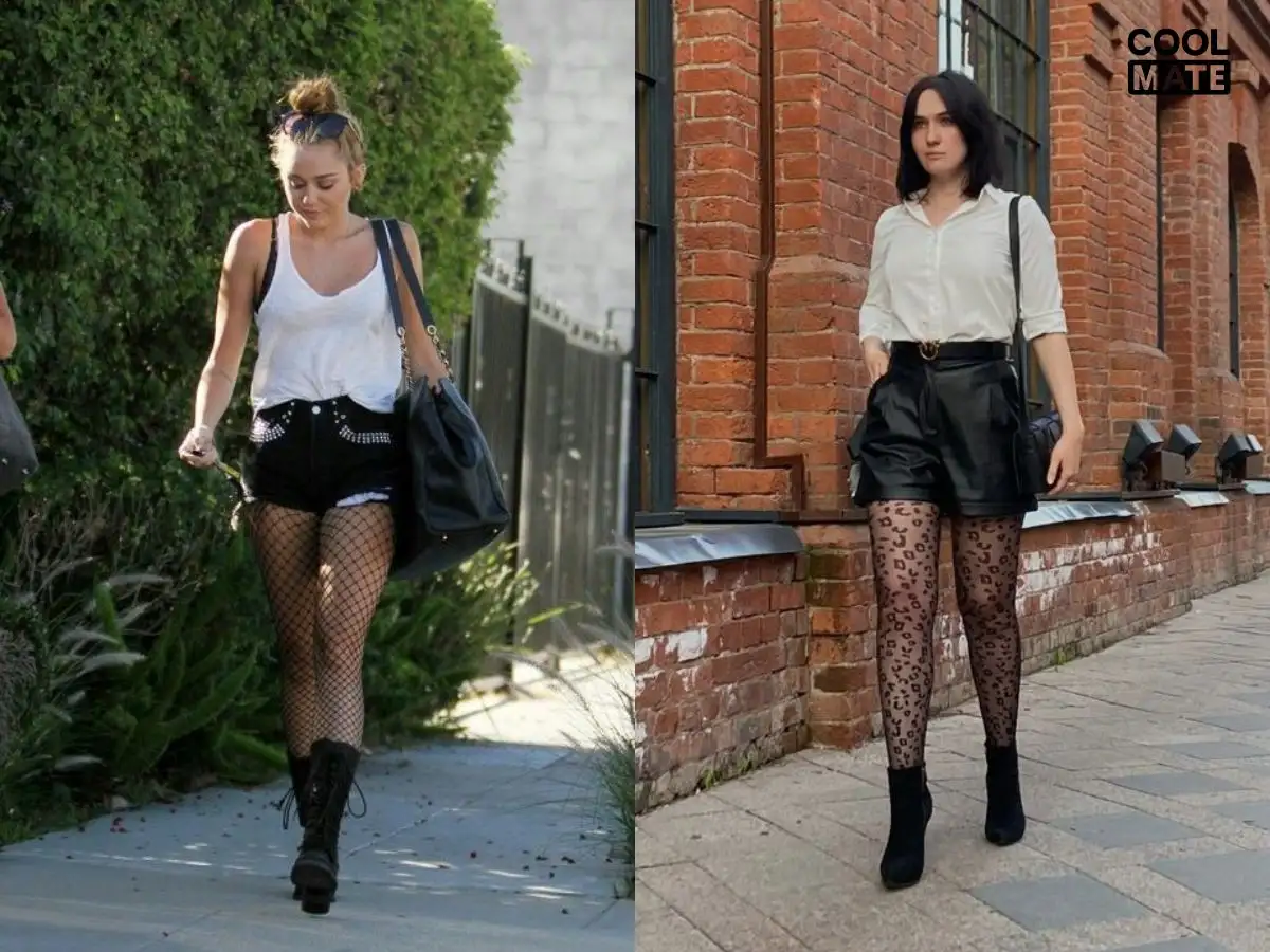 Quần short jean đen và quần shorts da với tất lưới năng động
